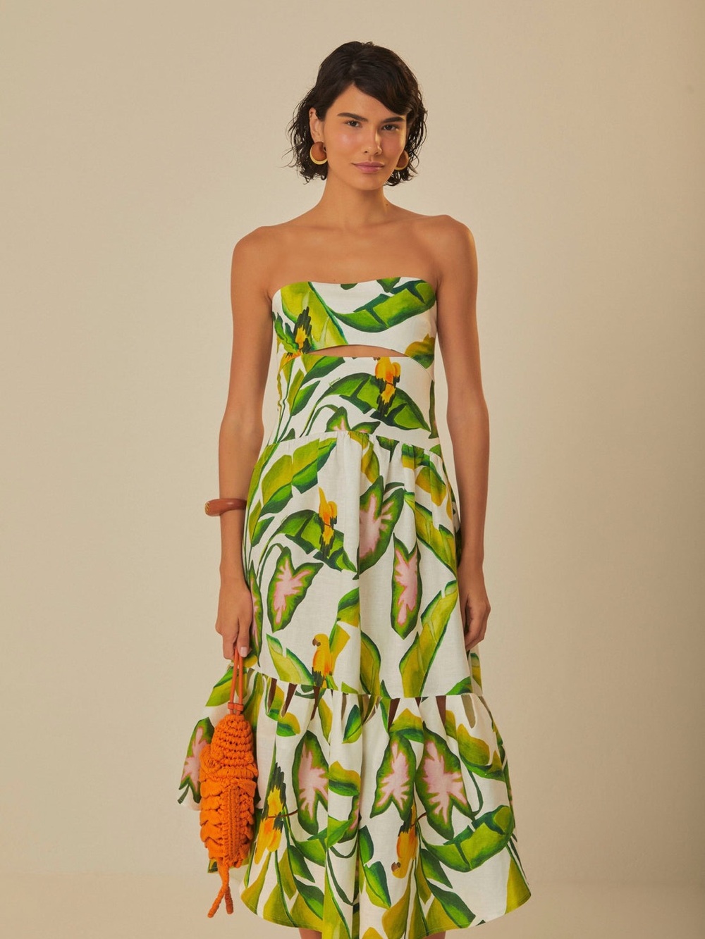 Farm Rio Off-White Summer Foliage Midi Dress Tropical Floral - Picture 3 of 4